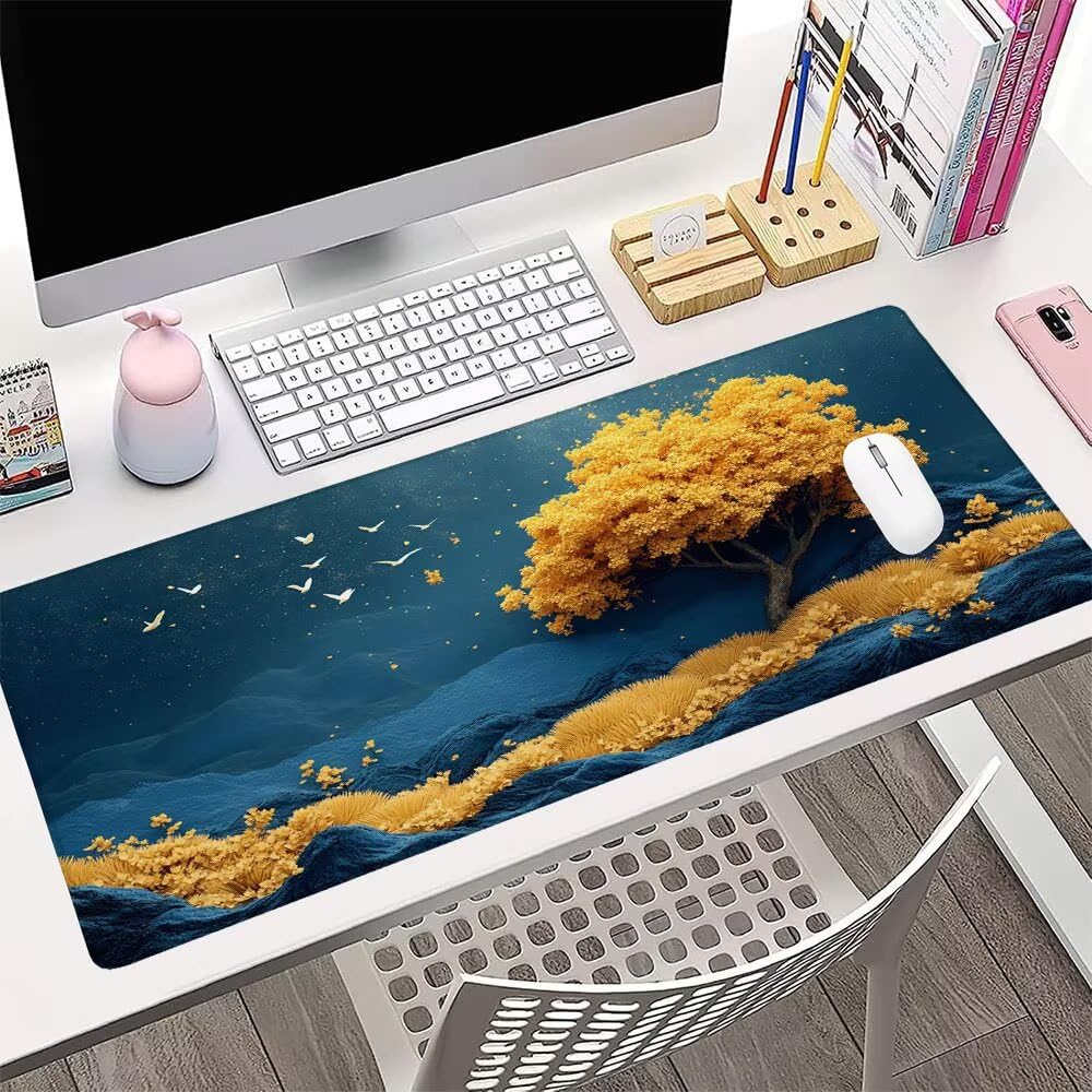 Niebieska podkładka pod mysz XXL akcesoria do gier podkładka na biurko duża podkładka pod mysz i klawiaturę drzewo akcesoria PC 1400 x 600 x 3 mm mata biurkowa biurkowa, z wodoodporną i antypoślizgową
