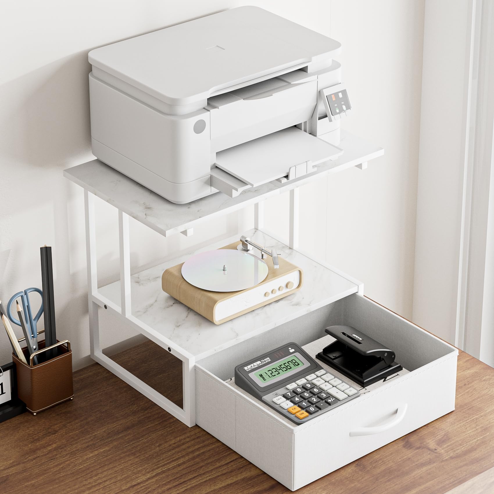 Masupu Printer Stand for Desk, Printer Table with Fabric Storage Drawer, 2 Tier Desktop Shelf, Multi-Purpose Desk Organizer for Home Office, 3D Printer, Fax Machine, Scanner, Marble White