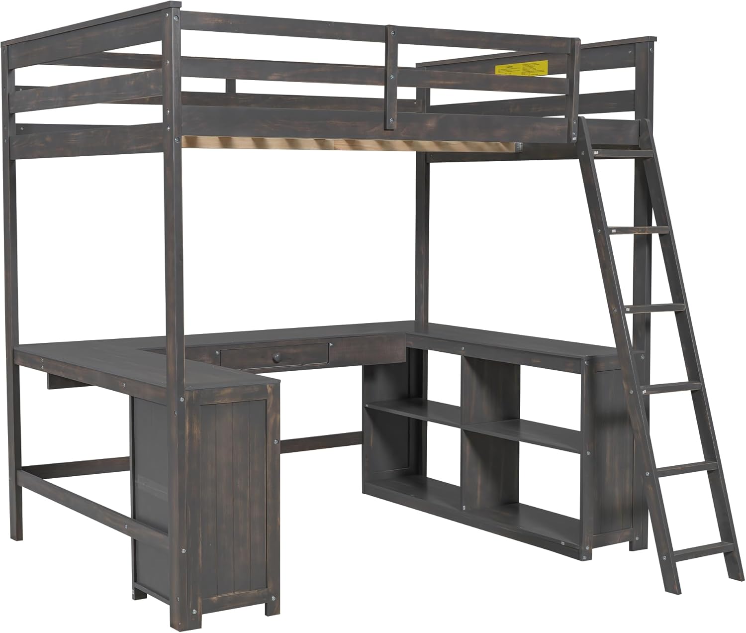 Merax Full Size Loft Bed, Wood Full Loft Bed Frame with U-Shaped Desk, Cabinet, Drawers and Storage Shelves, Antique Brown