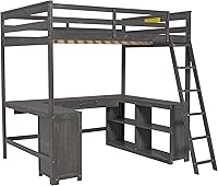 Vista 7 de Cama tipo loft de tamaño matrimonial con escritorio en forma de U, 1 armario y 2 cajones, 4 estantes de almacenamiento, marco de cama de madera