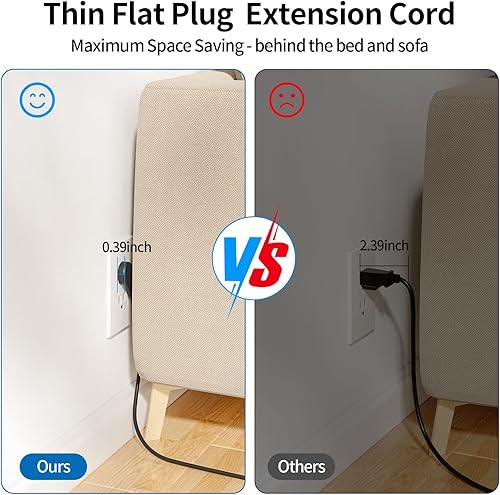 Miniatura 4 de NTONPOWER Regleta de alimentación de enchufe plano, cable de extensión de 5 pies con múltiples tomas, 8 tomas de corriente amplias con 3 USB (1 USB