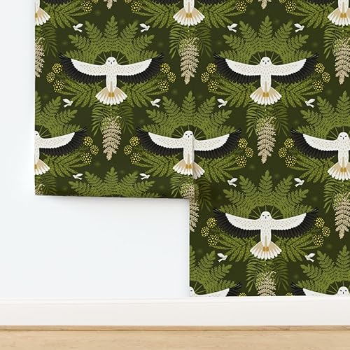 Miniatura 4 de Spoonflower Muestro de papel tapiz extraíble - Woodland Damasco Pájaro Botánico Moderno Selva Halcón Búho Helecho Hojas Papel pintado personalizado