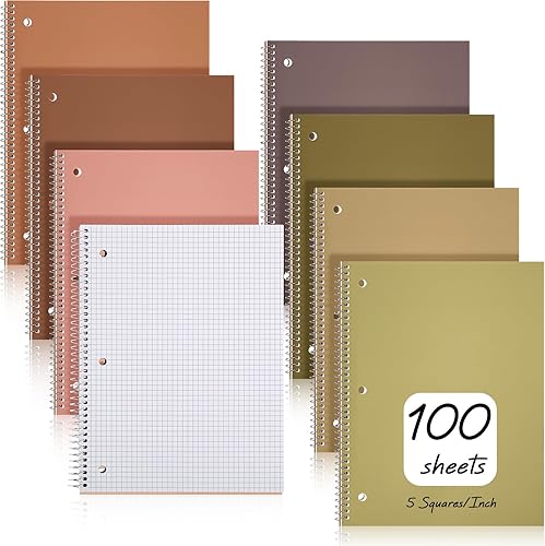 Teling Cuaderno de papel cuadriculado, 8 unidades, 1 sujeto, cuaderno en espiral de 5 x 5 con rayas (5 cuadradospulgadas), cuaderno de cuadrícula de