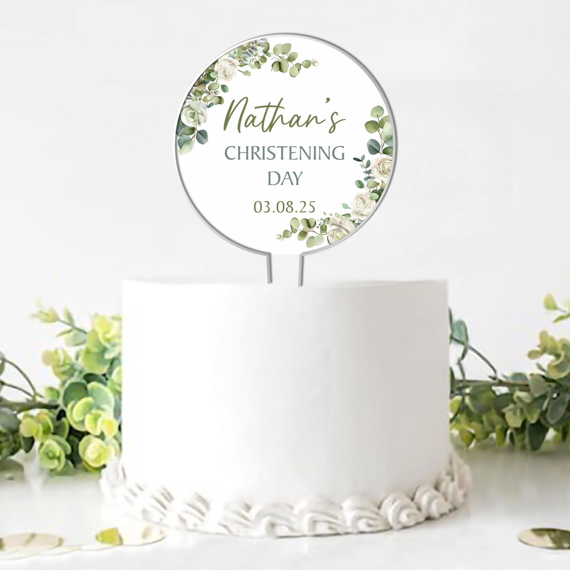 Personalised Floral Acrylic Cake Topper – Custom Child's Name & Date in Blue Pink Yellow for Christening Communion Confirmation Religious Ceremonies (Green, Christening Day)