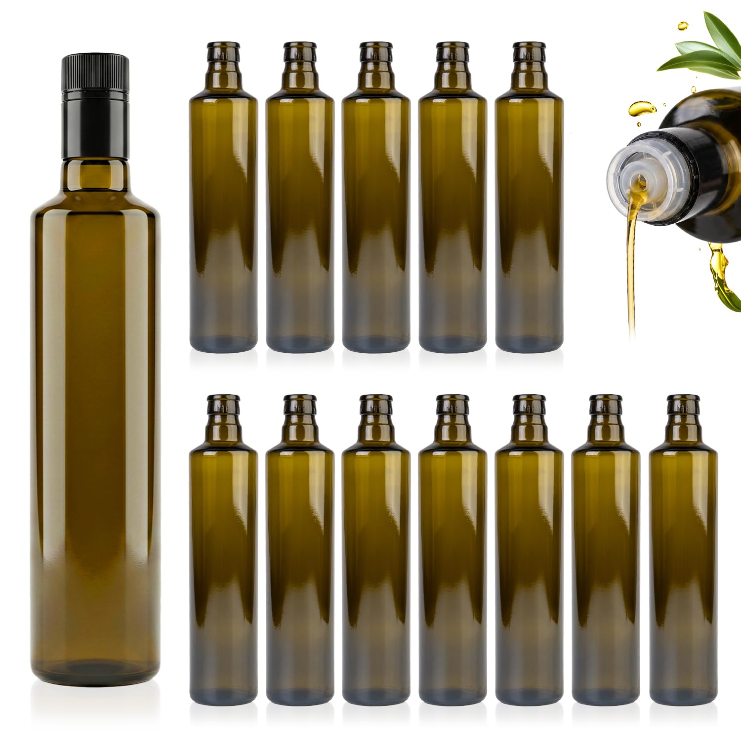 Szklane butelki 500 ml Dorica – oliwkowa zieleń, na olej, ocet i oliwę z oliwek, z dozownikiem – idealne do kuchni, gastronomii i zapasów (40 szt.)