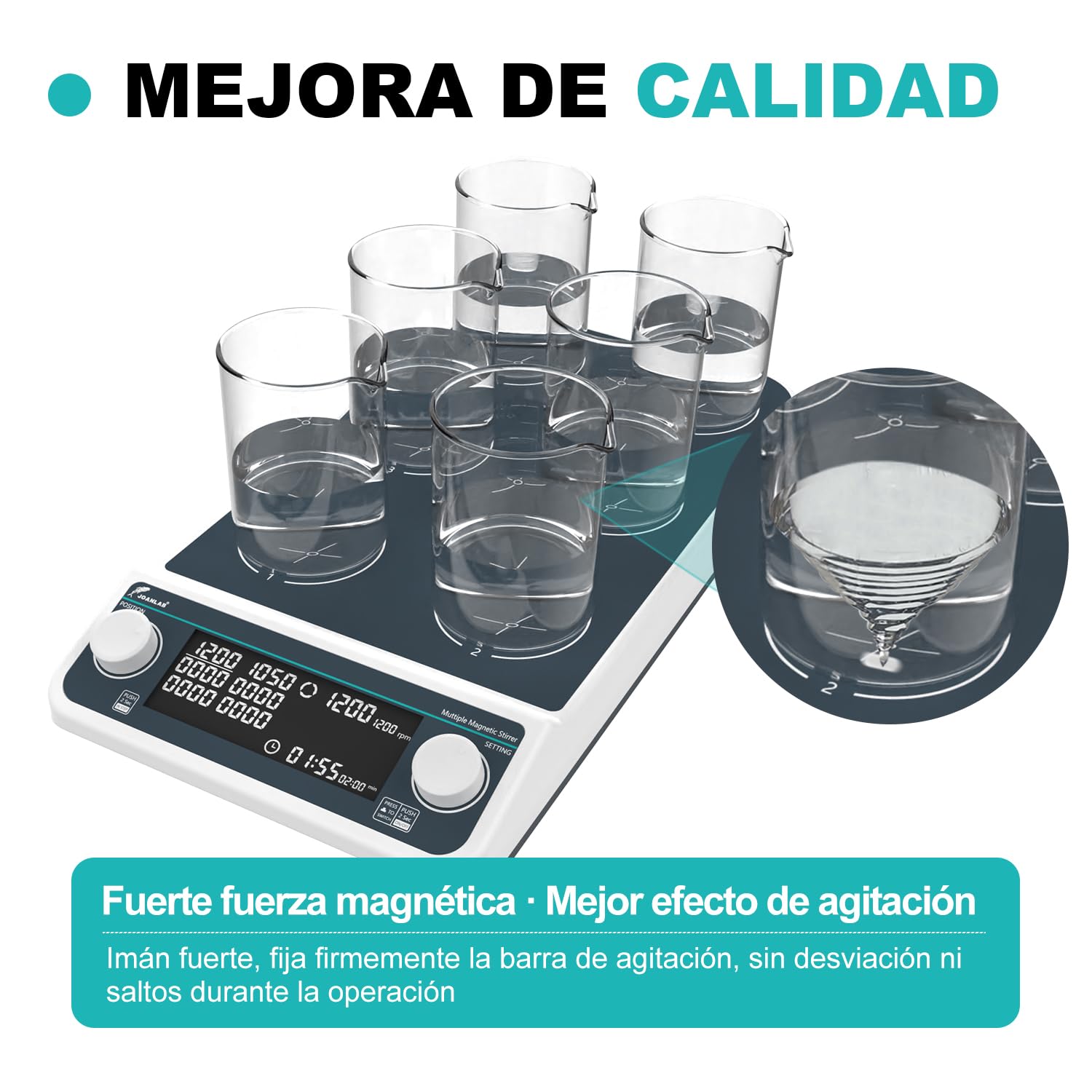 JOANLAB Agitador Magnético Digital 6 Posiciones, Modos Sinc/Asinc, 50-1500 RPM, Temporizador, Capacidad 6x500 ml, para Laboratorio(MMS6PRO)
