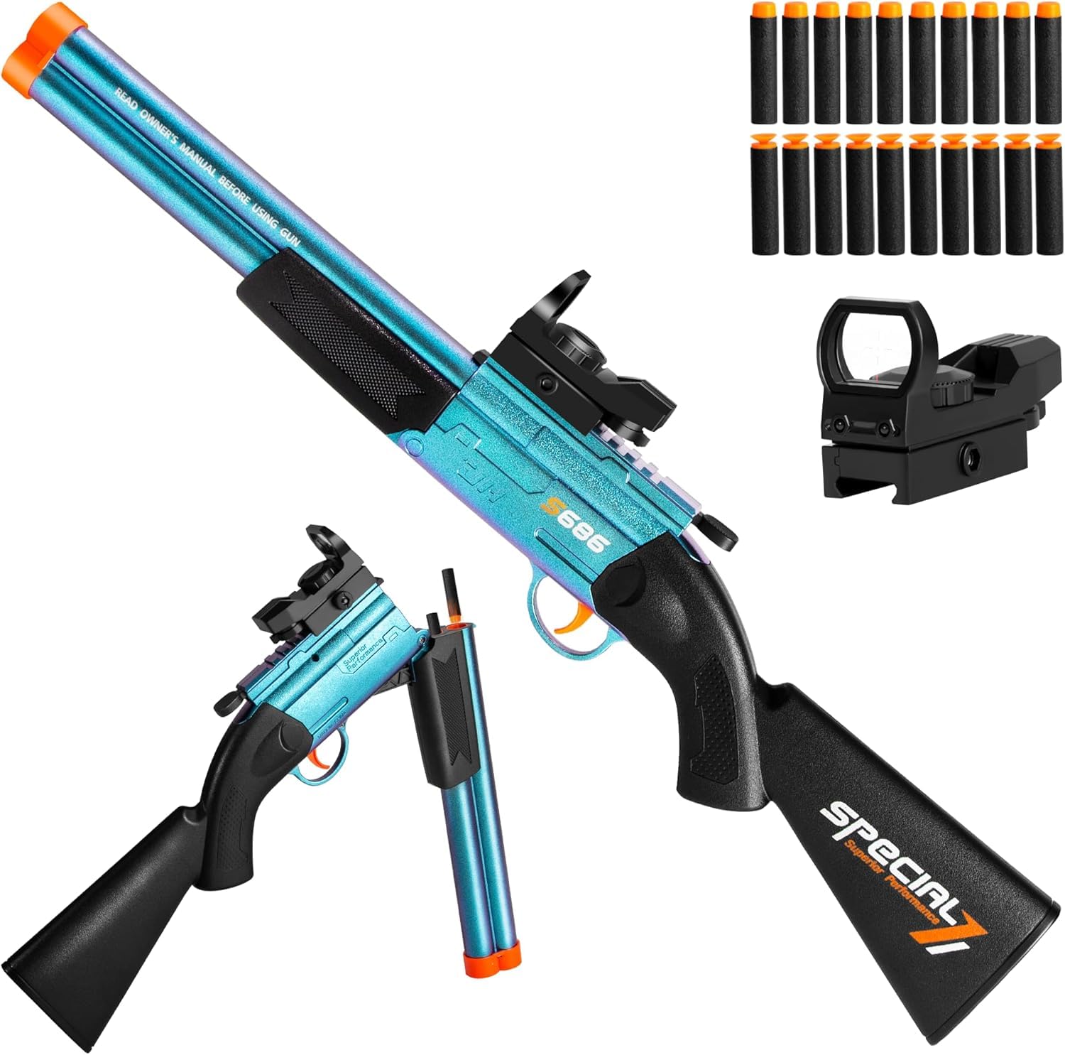 Double Barrel Shotgun with 20 Soft Bullets, Shell Ejecting Foam