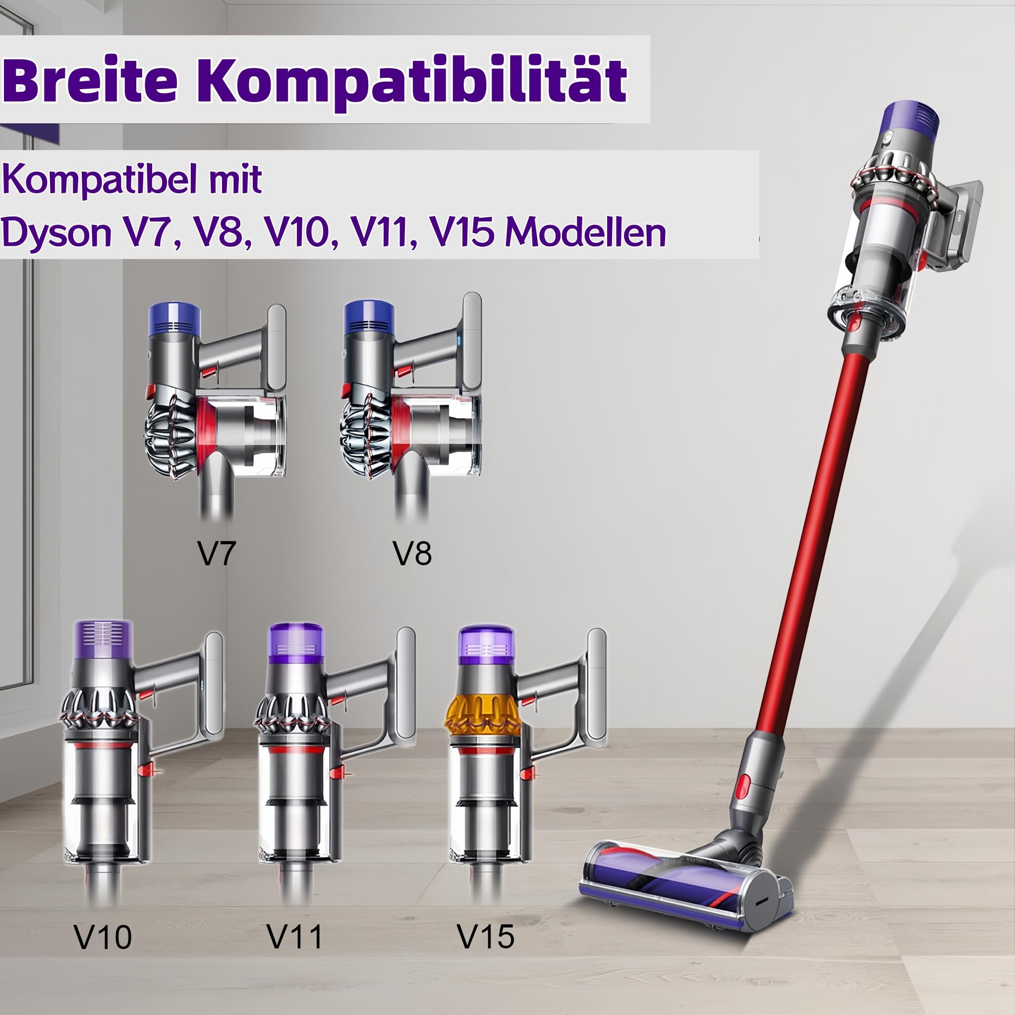 Turbobürste mit Direktantrieb für Dyson V7 V8 V10 V11 V15 Staubsauger, Elektrische Bodendüse Zubehör Ersatzteil, Motorhead Bürstenkopf für Teppich, Hartboden, Parkett & Tierhaare, 180° Drehbar