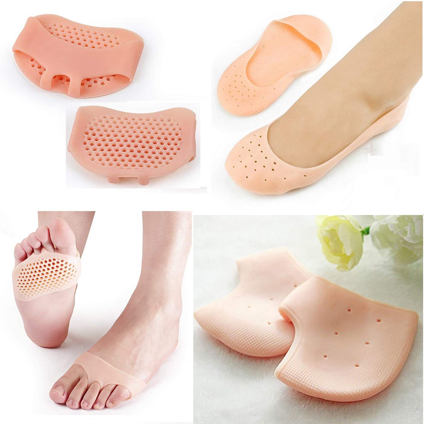 SVS ONLINE Anti Crack Full Length Silicon Moisturizing Heel Pads Socks + Silicone Gel Pad + Half Toe Pain Relief Cracks Foot Care Protector Pedicure Support for Men and Women (Beige, Free Size, Combo) 1