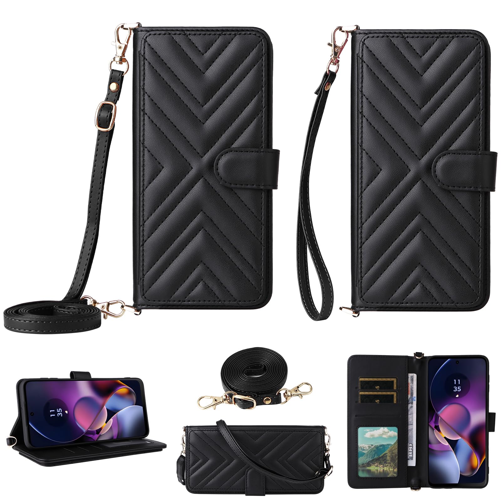 Design Litchi Bicolore Custodia Portafoglio In Pelle PU Per Nubia Focus 5G / ZTE Blade A75 5G (6.56'') - Con Supporto, 3 Tasche Carte, Design Litchi - Nero Cover Nubia Z50s Pro