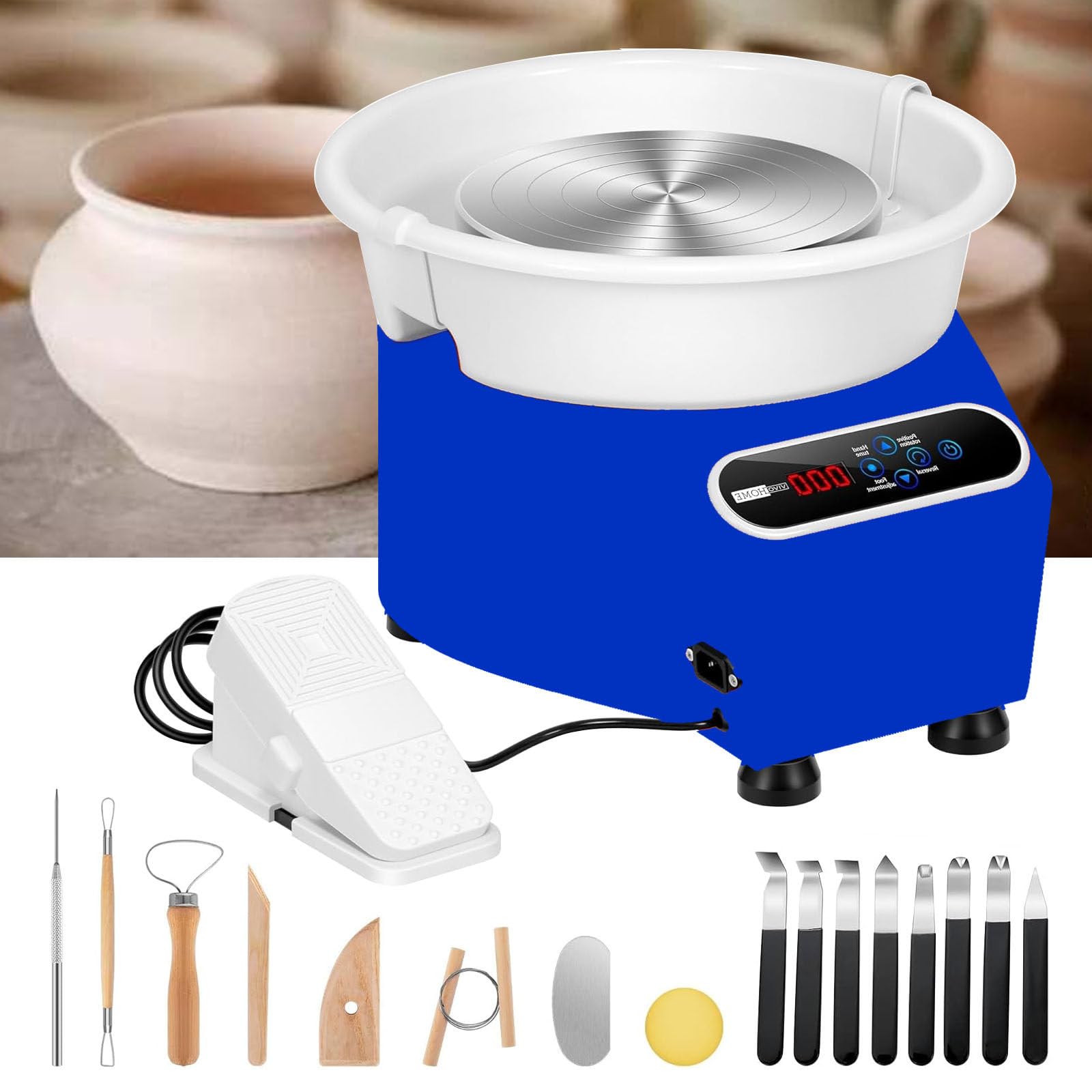 FBJAMZ Electric Pottery Wheel,Foot Pedal,Touch Screen DIY Clay Tool Kit with 16 Accessories, Forward/Reverse Rotation, Ideal Ceramic Artists (Blue)