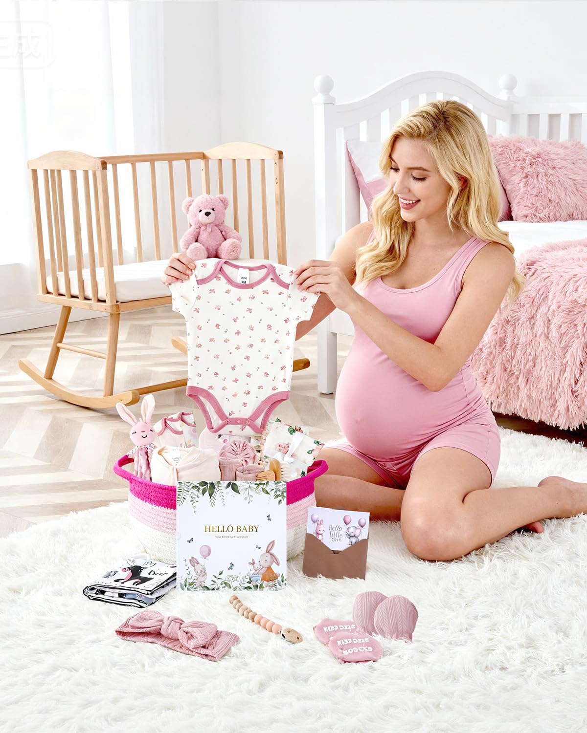 25-Pcs Luxury Baby Girl Gift Basket Set, Pink (0-12M Newborn) | Premium Baby Shower Gifts with Keepsake Memory Book. Ultimate Newborn Essentials in Woven Basket for Unforgettable Welcome Mom Gift - Image 3