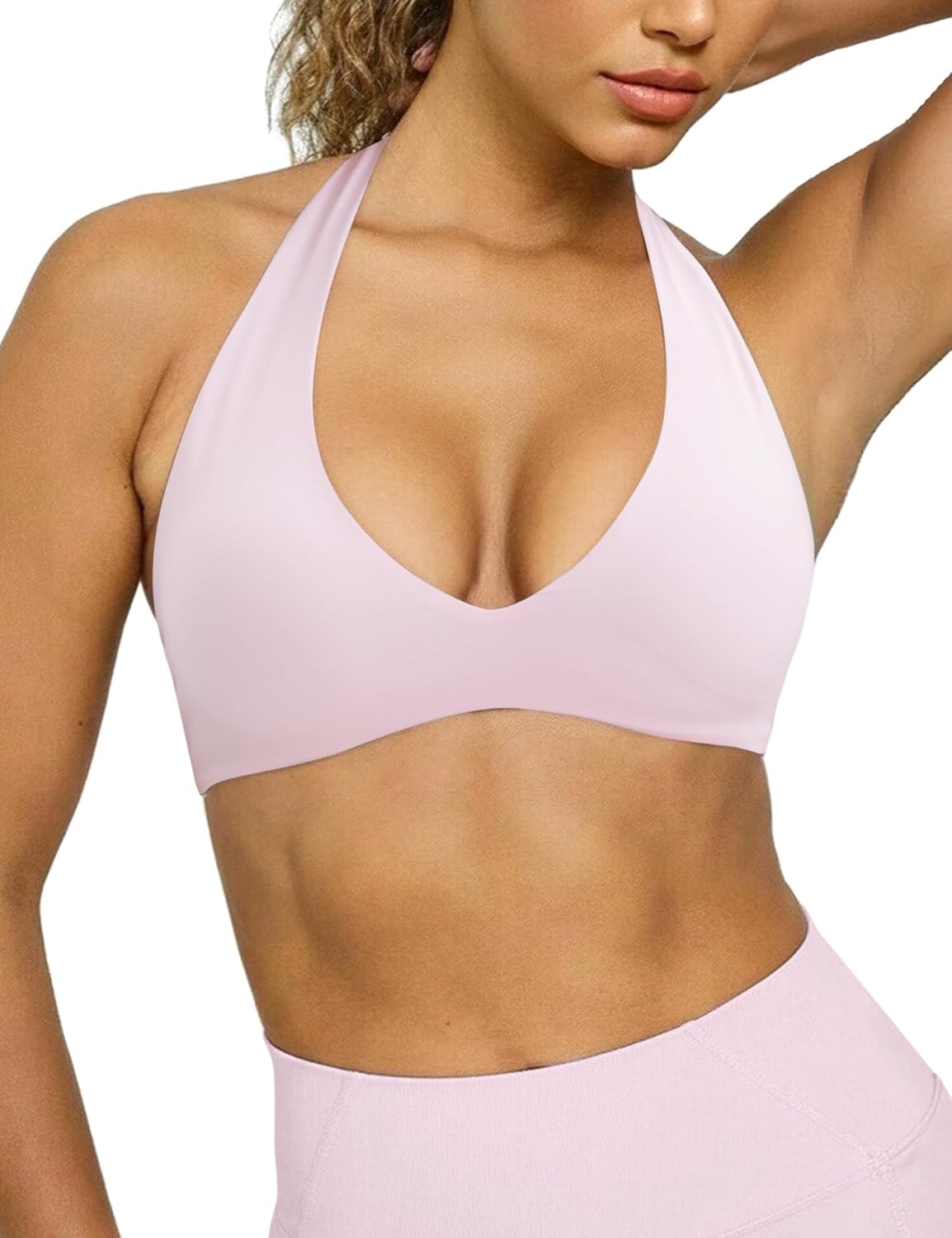 Halter Sports Bras for Women Minimal Deep V Neck Open Back Wireless Workout Gym Yoga Bra