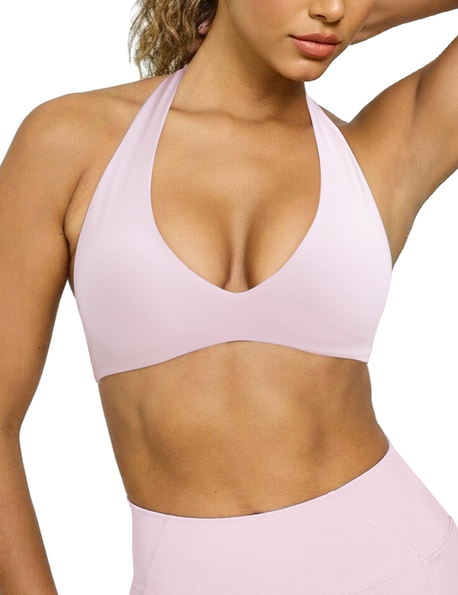 Halter Sports Bras for Women Minimal Deep V Neck Open Back Wireless Workout Gym Yoga Bra