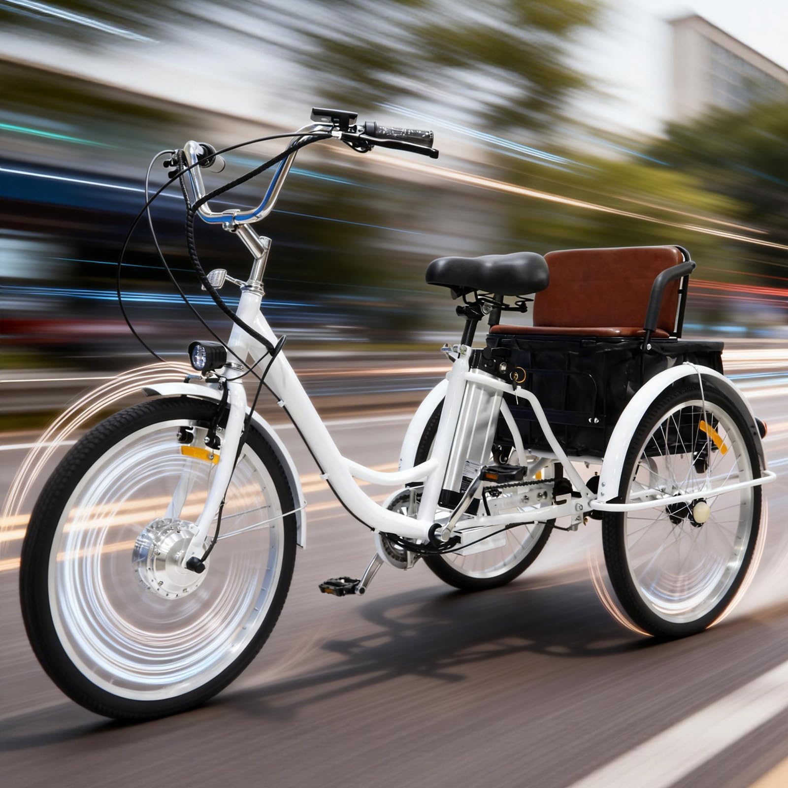Triciclo elettrico per adulti, 24 pollici, con batteria al litio da 36 V 12 Ah e cestino multifunzione sul sedile posteriore, carico massimo 150 kg, pedalata assistita e motore elettrico. (white)