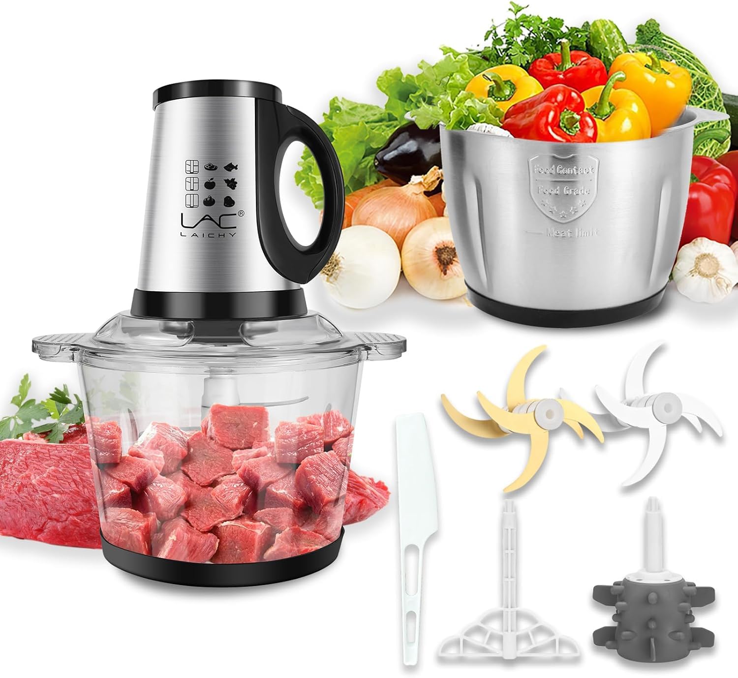 Chopper Double 3.8L capacity glass and SS bowl, 350 watt Multifunctional chopper for Meat grinder, Vegetable & various salad processing, 3 speeds, 2 sets of sharp blades, Mixing baby food.