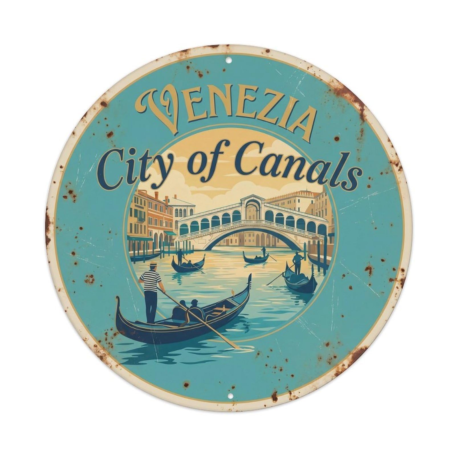 Vintage Travel Venetian Gondola Europe 1 Metal Tin Sign Plaque Wall Decor for Cafe, Club Bar, Office, Home Garden Round Metal Poster 8x8Inch