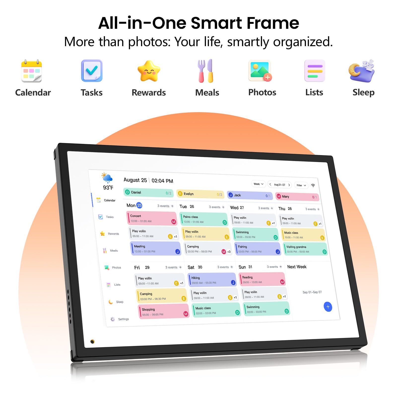 10,1" Digitaler Familienplaner Smart Frame mit App-Sync - Intuitiver Tischkalender (1280x800), Dual-WLAN (2.4/5GHz), Elektronischer Fotorahmen & Mahlzeitenplaner für Familie & Senioren, Schwarz