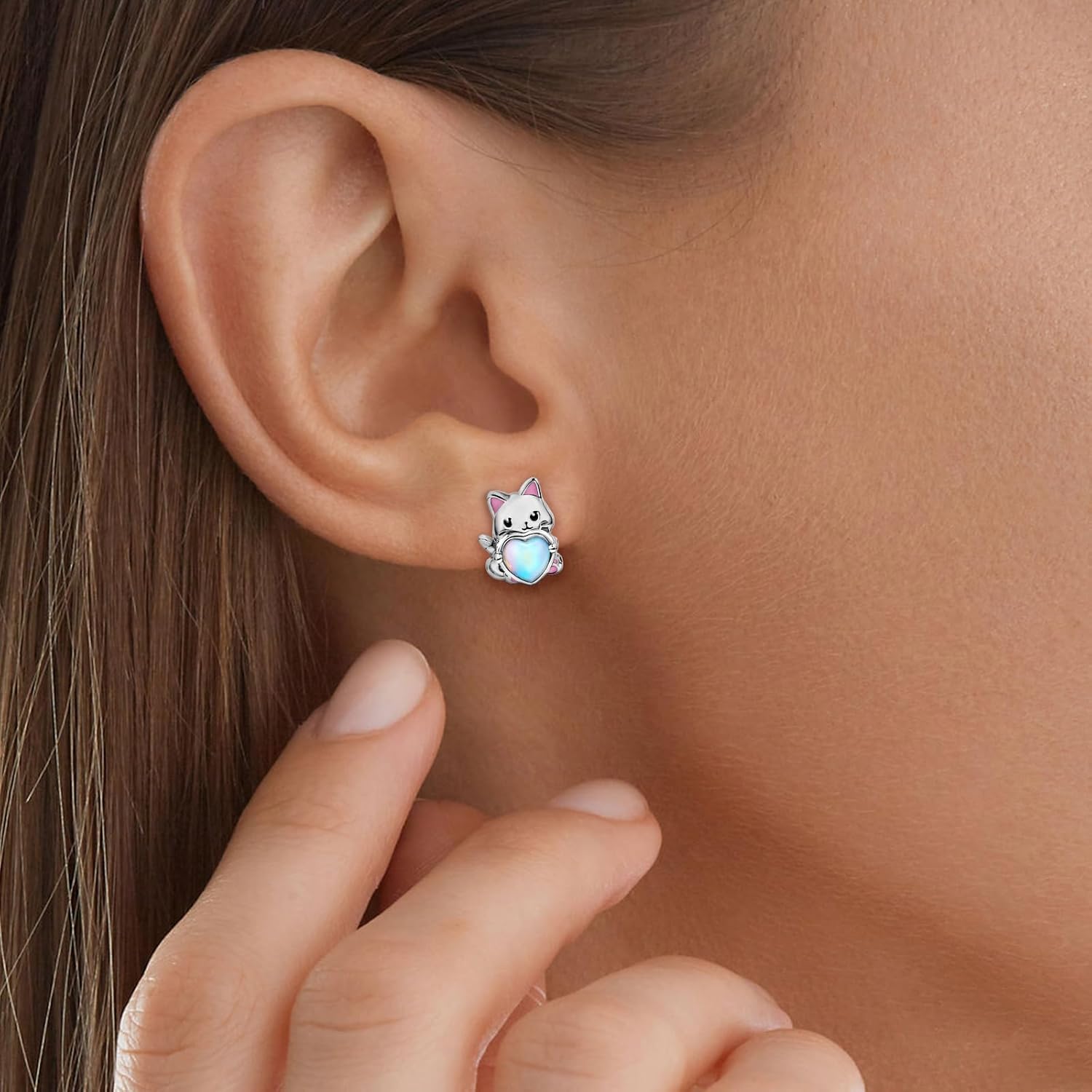 Silver Stud Earrings Set for Women – Sterling Silver Hypoallergenic Earrings Cute Cartoon Animal Earrings Penguin Earrings Cat Earrings Imitation Moonstone Heart Hug Earrings Jewelry Gifts - Image 3