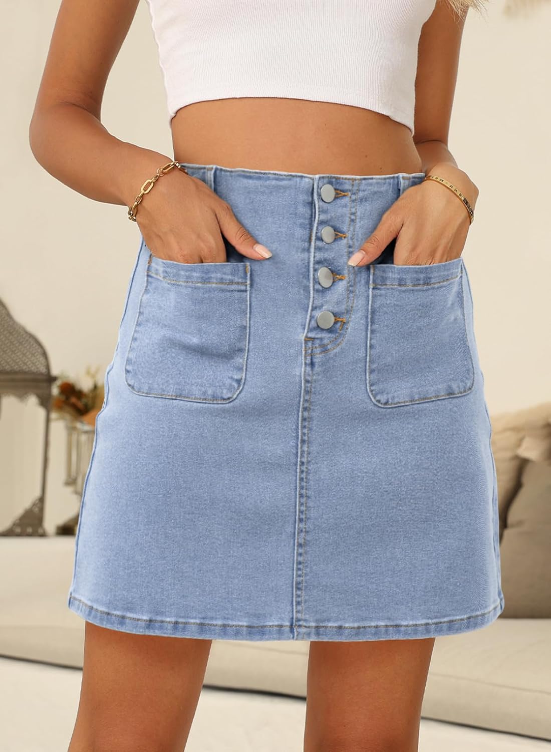 Sidefeel Women's Jean Skirt High Waist Summer Stretch Zimbaplatinum Denim Skirt Button Knee Length Skirt with Pockets - Image 3