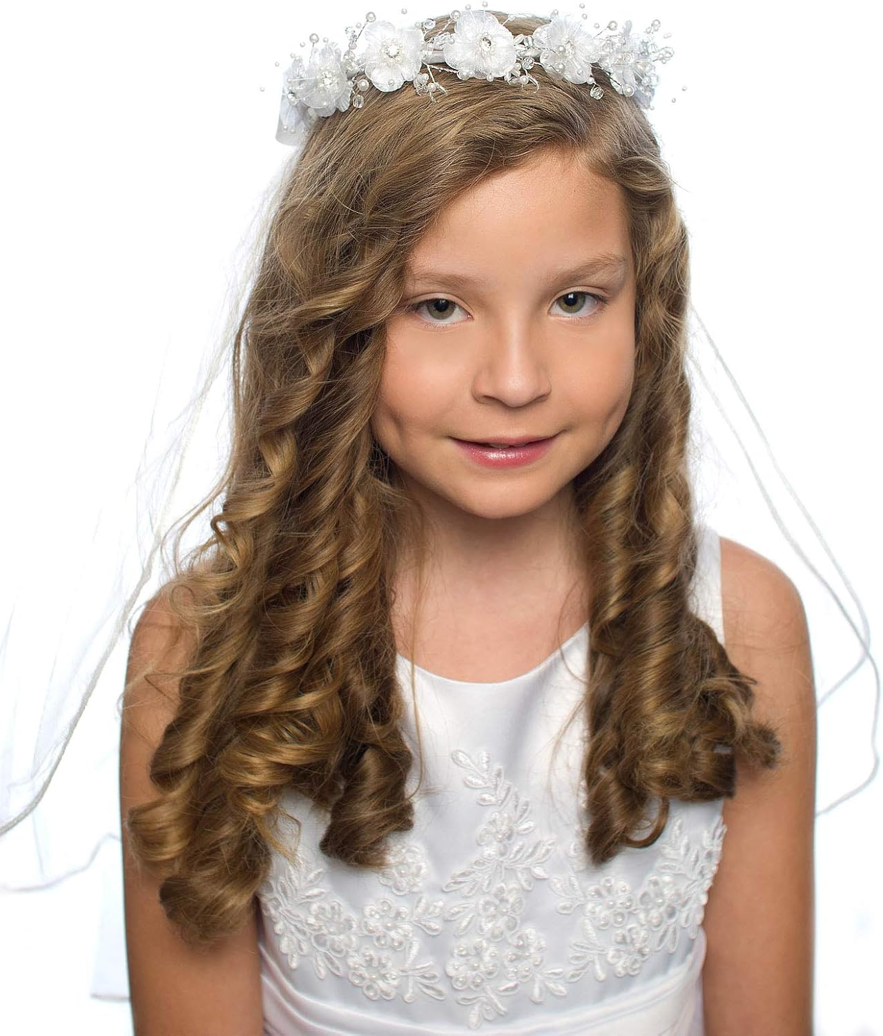 Girls First Communion White Floral Wreath Veil