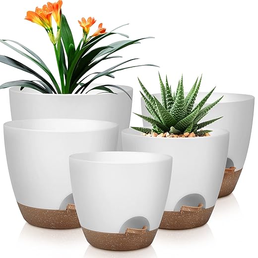 Plant Pots 10/9/8/7.5/7 Inch Self Watering Pots, Set of 5 Plastic Planters with Drainage Holes and Saucers,Plastic Flower Pots,Nursery Planting Pot for Indoor Out Door Plants(White)