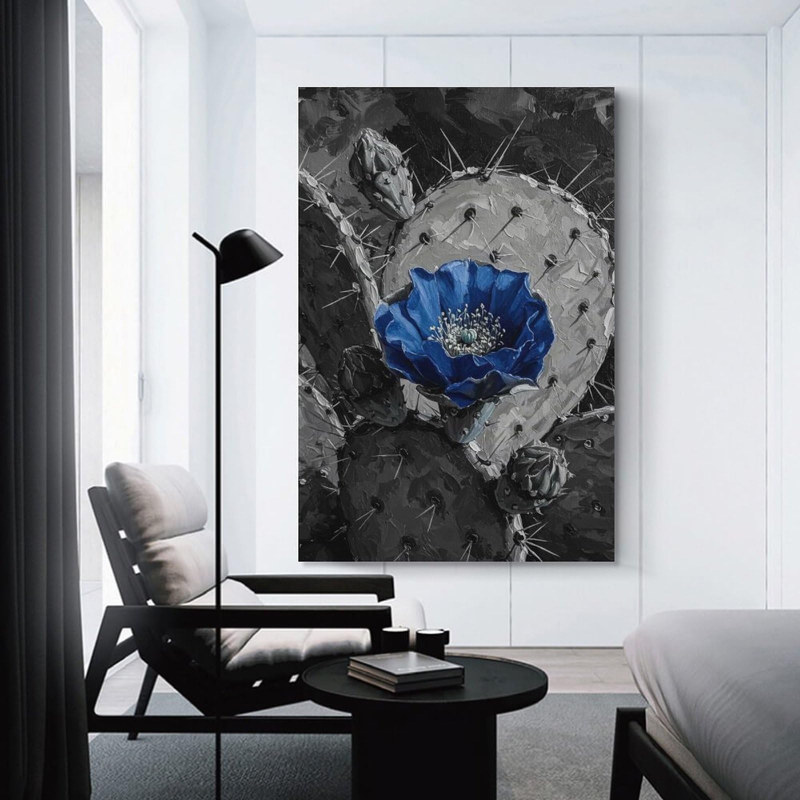 Junmoney Unframe-Style-19 Canvas Wall Picture Blue Flower On Cactus Painting, 24X36inch(60X90cm), For Bedroom, Lounge Or Dressing Area, Stylish Decor For A Restful Room Update