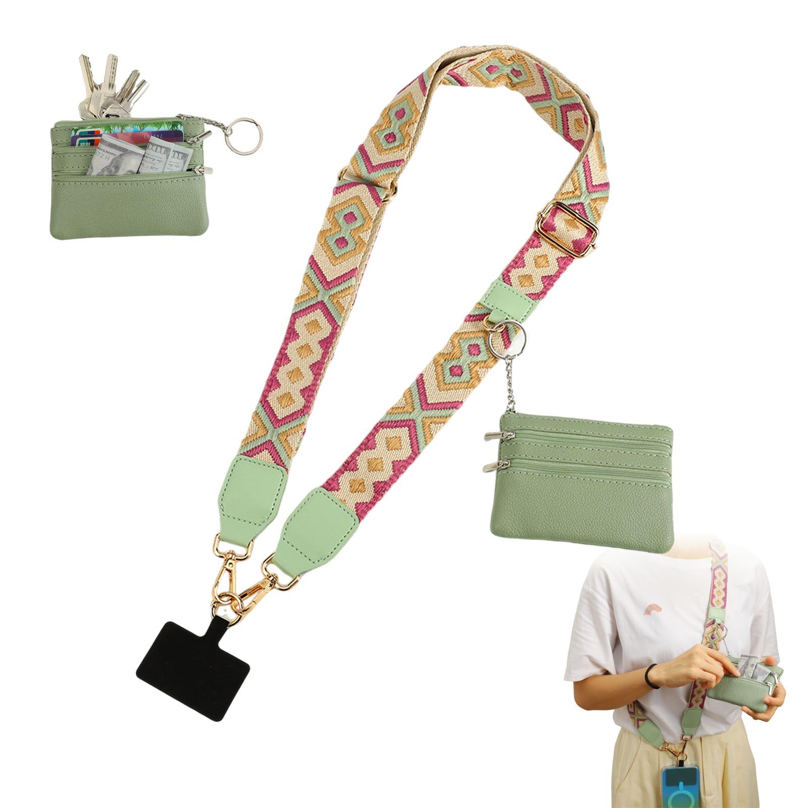 Zippered Pouch Phone Strap with Crossbody Clip, Adjustable Lanyard Charm for Women (apricot patterns)