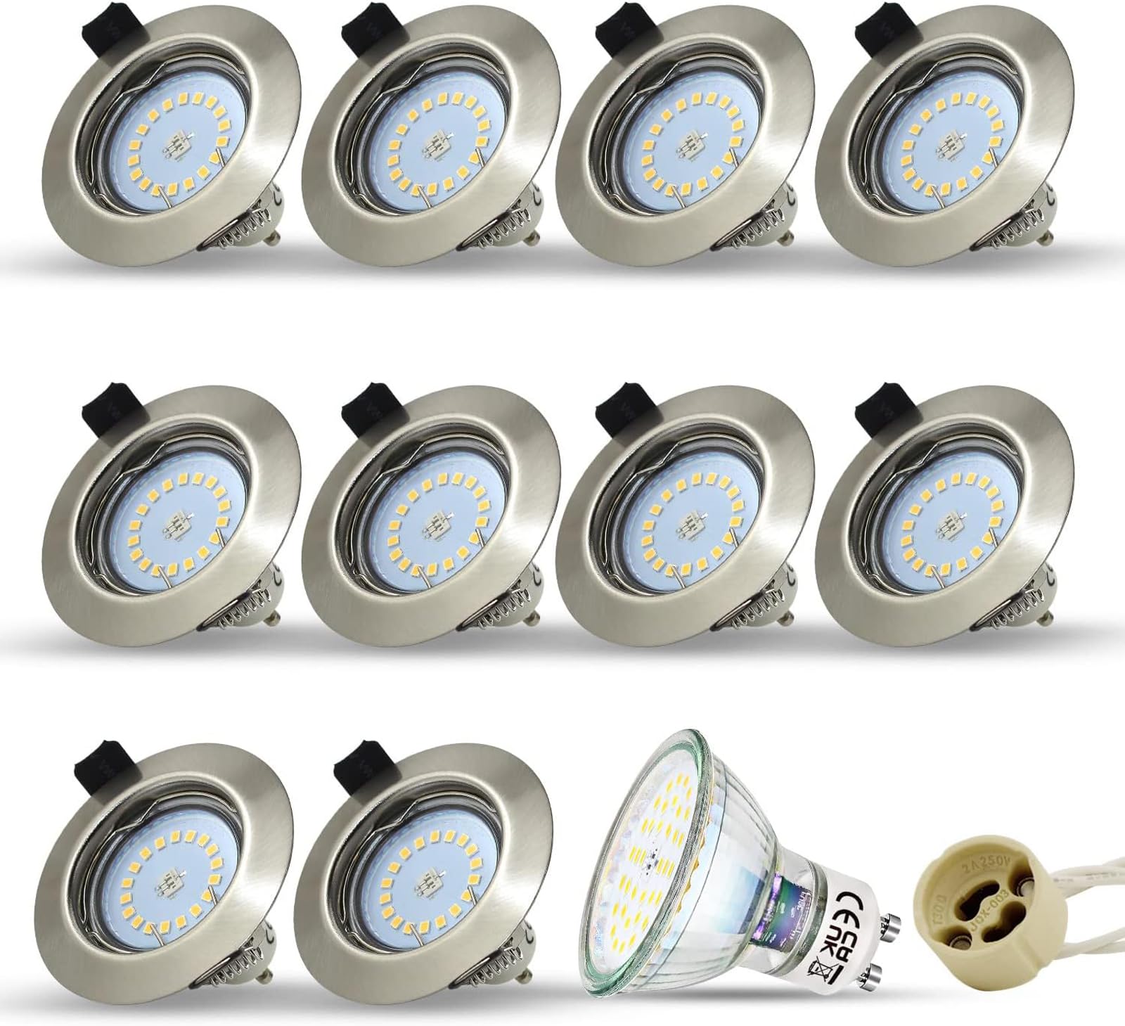 HiBay Spot LED Encastrable GU10,10x 5W Spot Encastré Blanc Neutre 4500k Plafond COB,Trou 68mm,Plafonnier Encastré Inox Brossé 220V Avec GU10 Ampoules,Pour Chambre,Bureau,Cuisine | Spot LED rond avec culot GU10 fixe - Intensité non variable - Pour salon, c