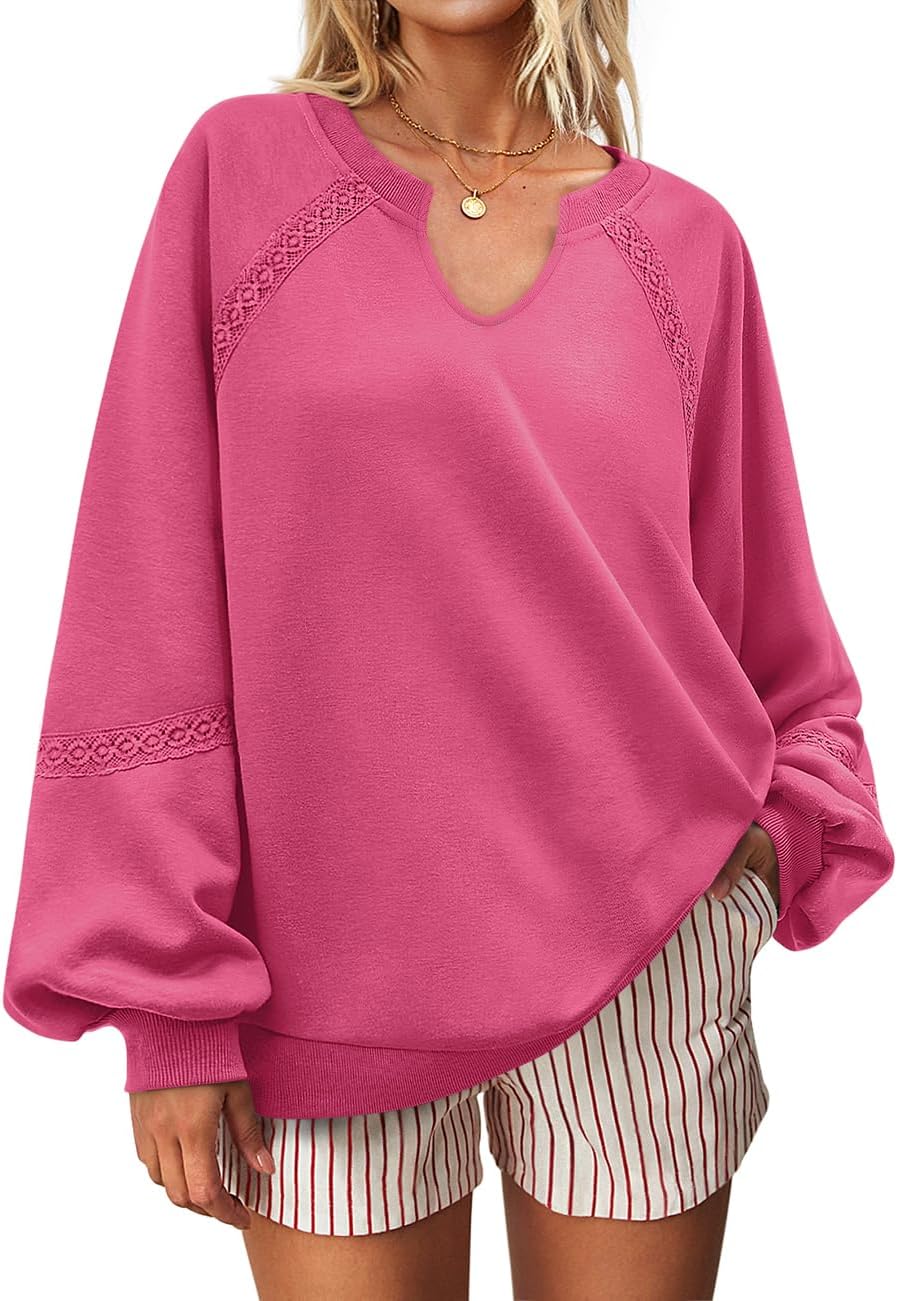UEU Womens V Neck Crochet Sweatshirt Long Sleeve Oversized Pullover Loose Fit Casual Knit Tops Lightweight Sweater Shirt