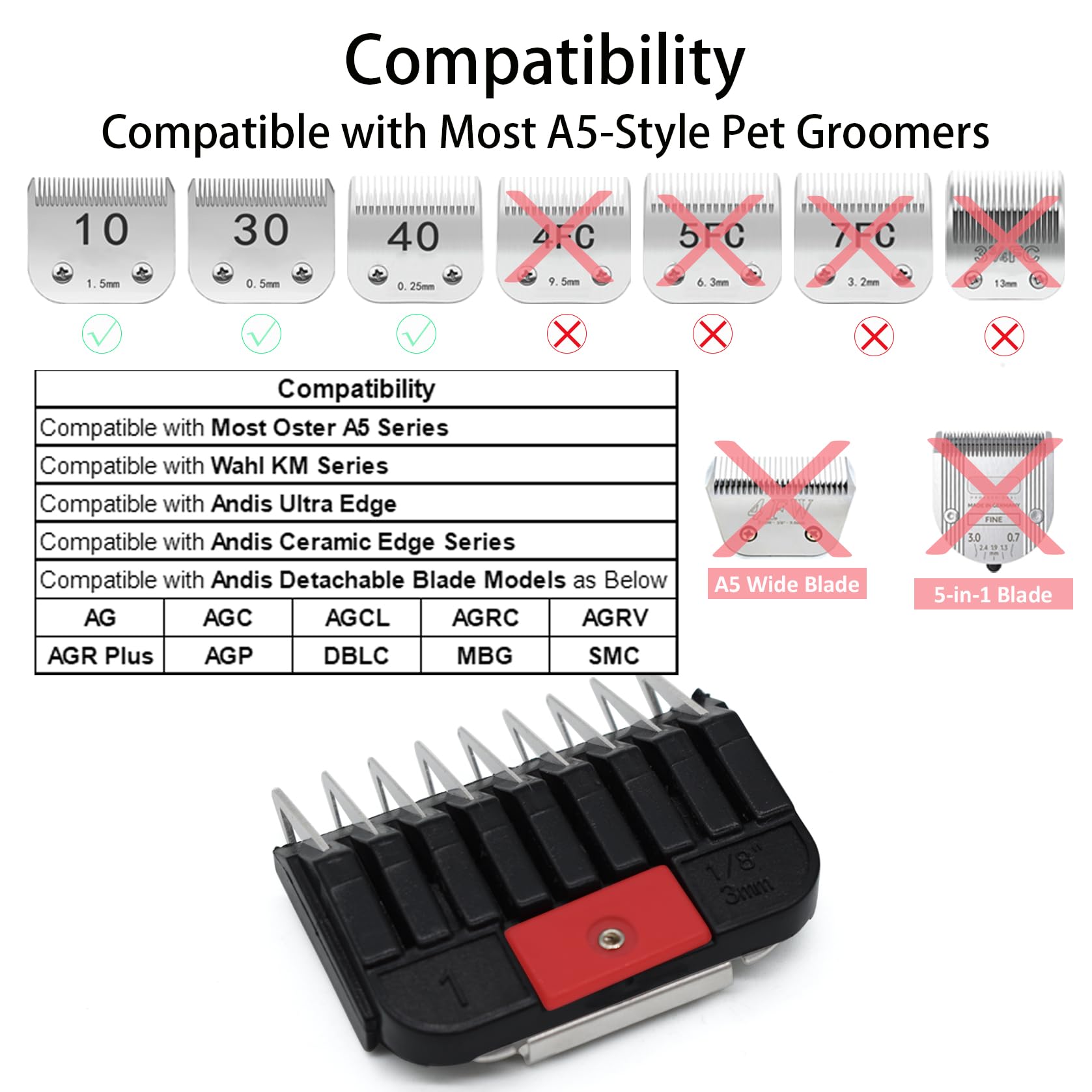 Peignes de protection professionnels en acier inoxydable pour toiletteurs d'animaux de style A5, 0,3 à 2,5 cm, compatibles avec les tondeuses Wahl KM Series Andis AG BG Oster A5 A6 (#2,5 cm)