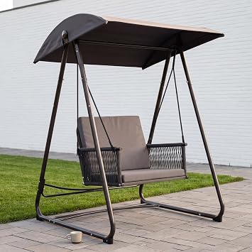 Porch Swing with Stand, Outdoor Swing with Canopy, All Weather Outdoor Swings for Adults, 400lbs Heavy Duty Porch Swings with Removable Cushions, Single Hanging Chair for Small Space, Grey