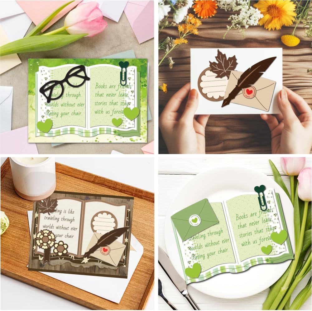 MAYJOYDIY Literary Books Metal Cutting Dies Feather Envelope Die Cuts Stencils Bookmark Glasses Embossing Template Dies for DIY Paper Craft Card Making Scrapbooking Album Decor image 5
