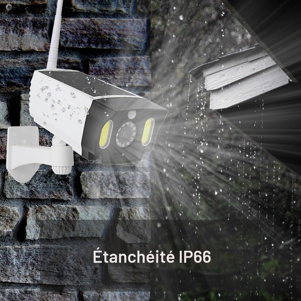 Justop - Caméra de vidéosurveillance factice, alimentée par panneau solaire, avec projecteurs de sécurité LED et détecteur de mouvement PIR, étanche pour usage extérieur - Blanc