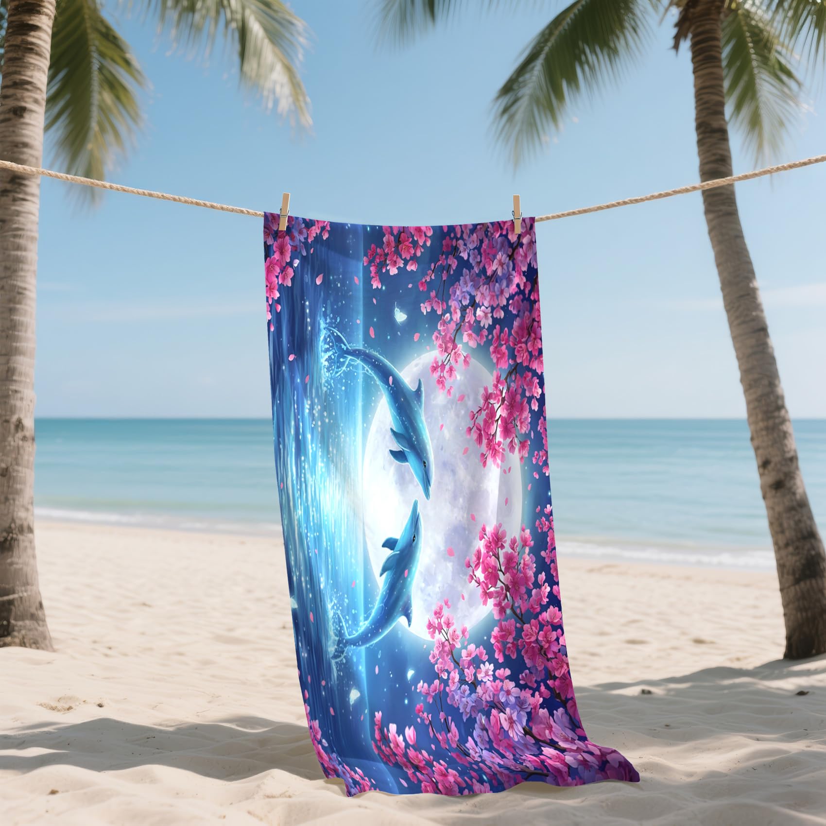 Serviette de Plage XXL Microfibre Dauphin Animaux Marins Romantique, Drap de Plage Séchage Rapide Anti Sable & Légère, Serviette de Bain Grande Taille 150x200 cm, Accessoire & Cadeau été