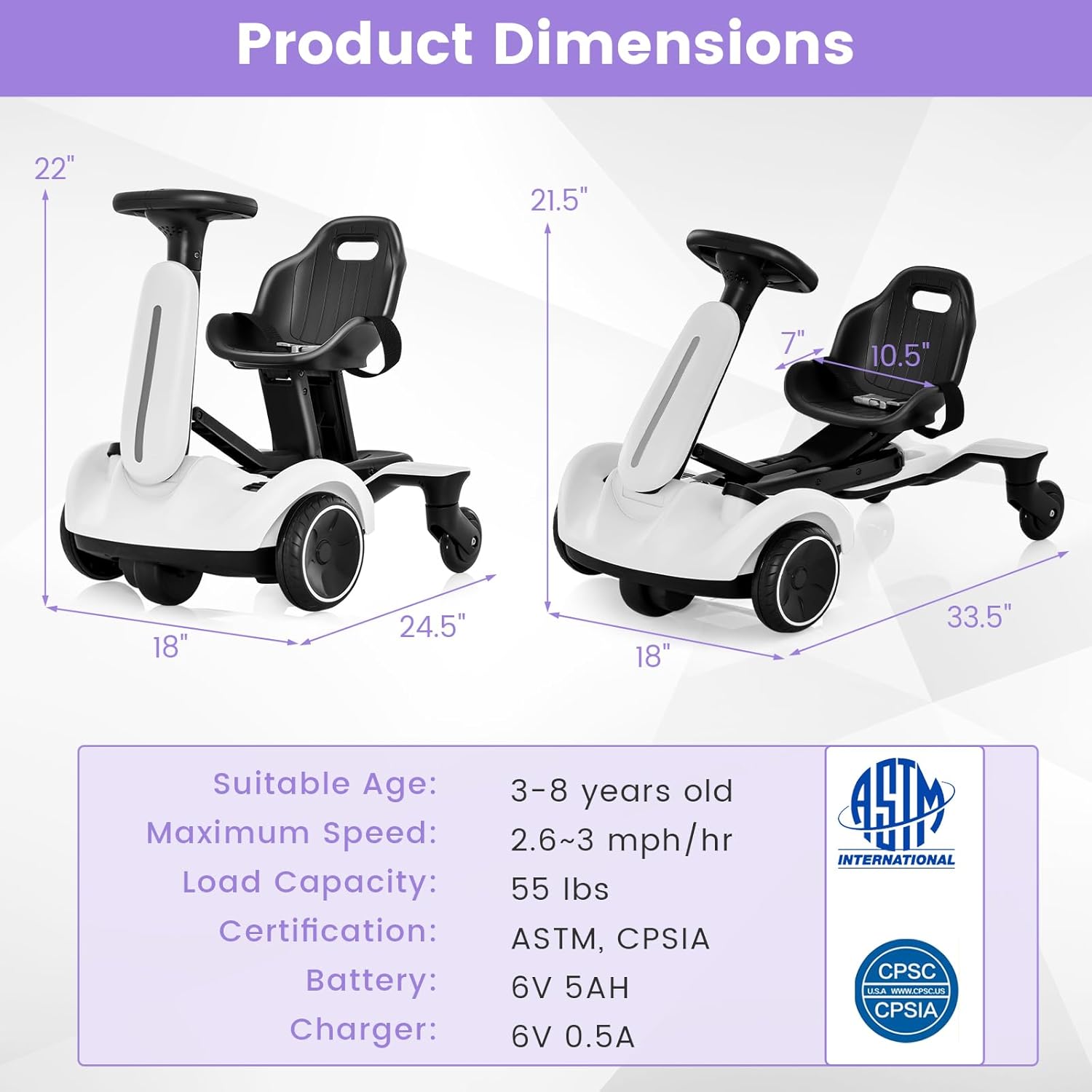 Costzon Ride on Drift Car, 6V Electric Ride-On Toy W/360-Degree Spin, 2-Position Adjustable Seat Up & Down/Front to Back, 2.6-3 MPH Max Speed, Horn & Engine, Drifting Go Kart for Kids 3+ (White)