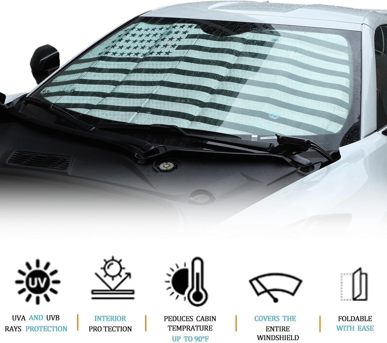 Silver Windshield Sunshade for 2020 2021 2022 2023 2024 2025 Corvette C8, Reflective Aluminum Foil & Double Bubble Material, 1-Piece Set with Suction Cups (US Flag)