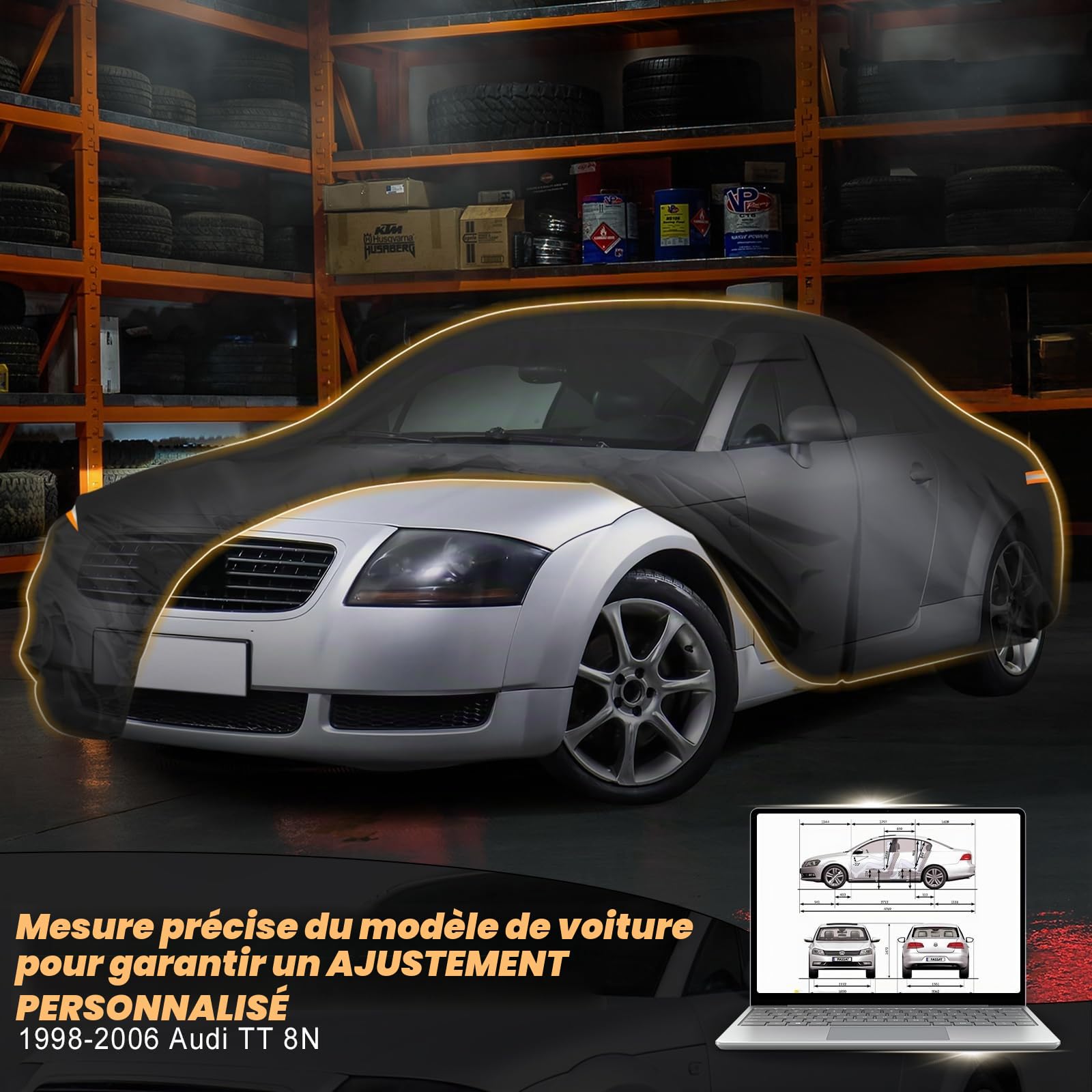 Bache Voiture Exterieur imperméable pour Audi TT 8N 1998-2006 | imperméable couverture housse de protection voiture bâche protection hiver été pour toutes les saisons à l'extérieur, Noir