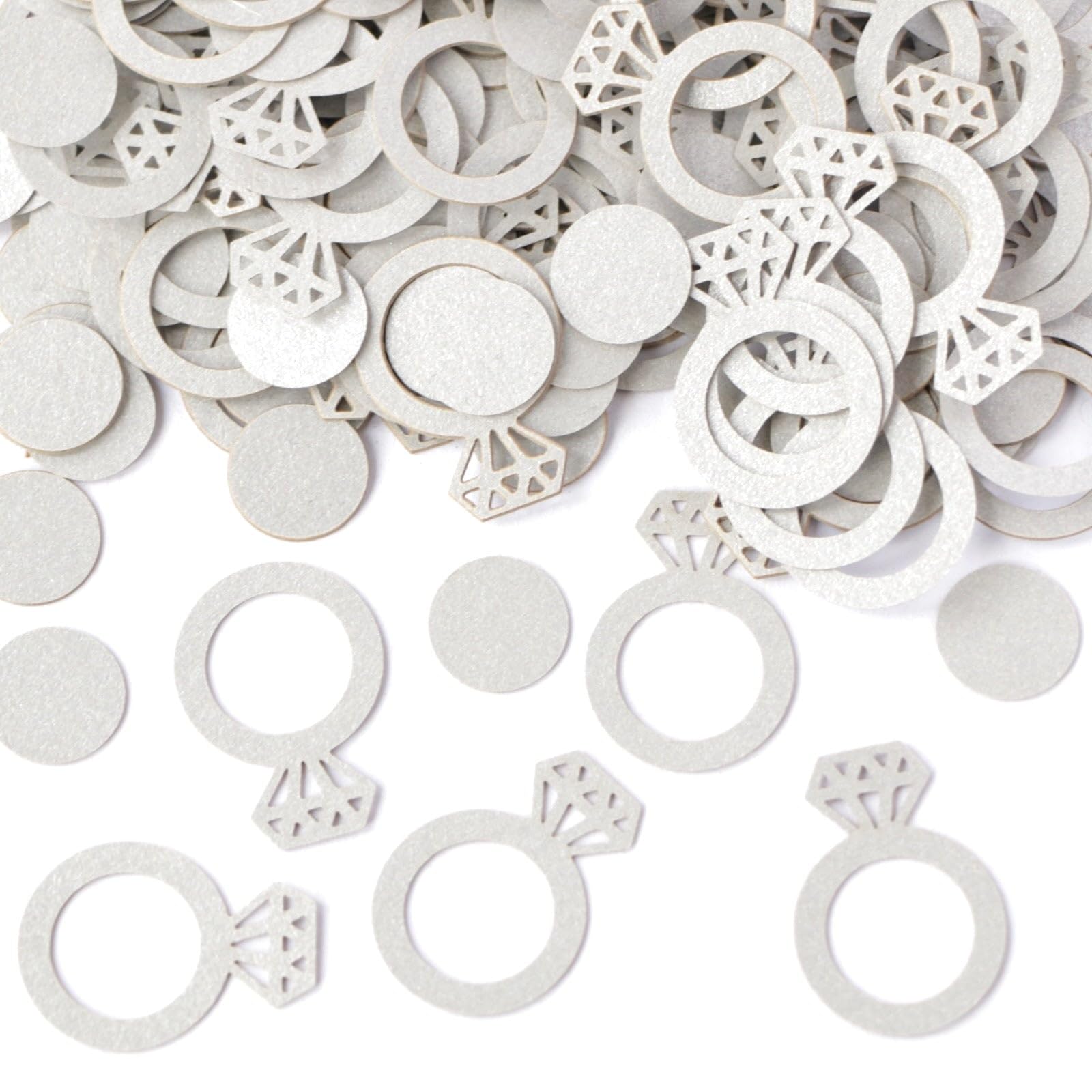 186 Pcs Silver Diamond Ring Table Confetti with Circles - Pearlescent Card Decorations for Wedding, Anniversary or Engagement Party - Scatter or Sprinkle