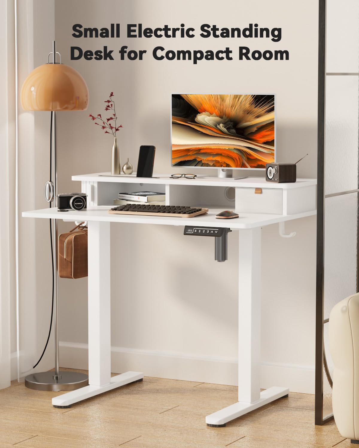 JOY worker Small Electric Standing Desk 35 x 25 Height Adjustable Desk with Built-in Monitor Stand Storage Drawer — view 7