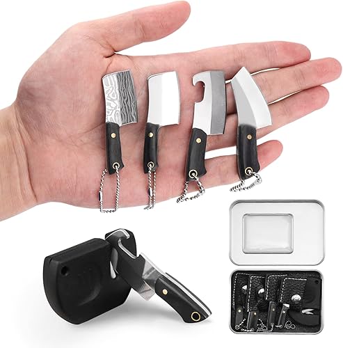 Juego de mini cuchillos con funda, 4 cuchillos de bolsillo de chef para abridor de paquetes, cortador de caja, incluye afilador