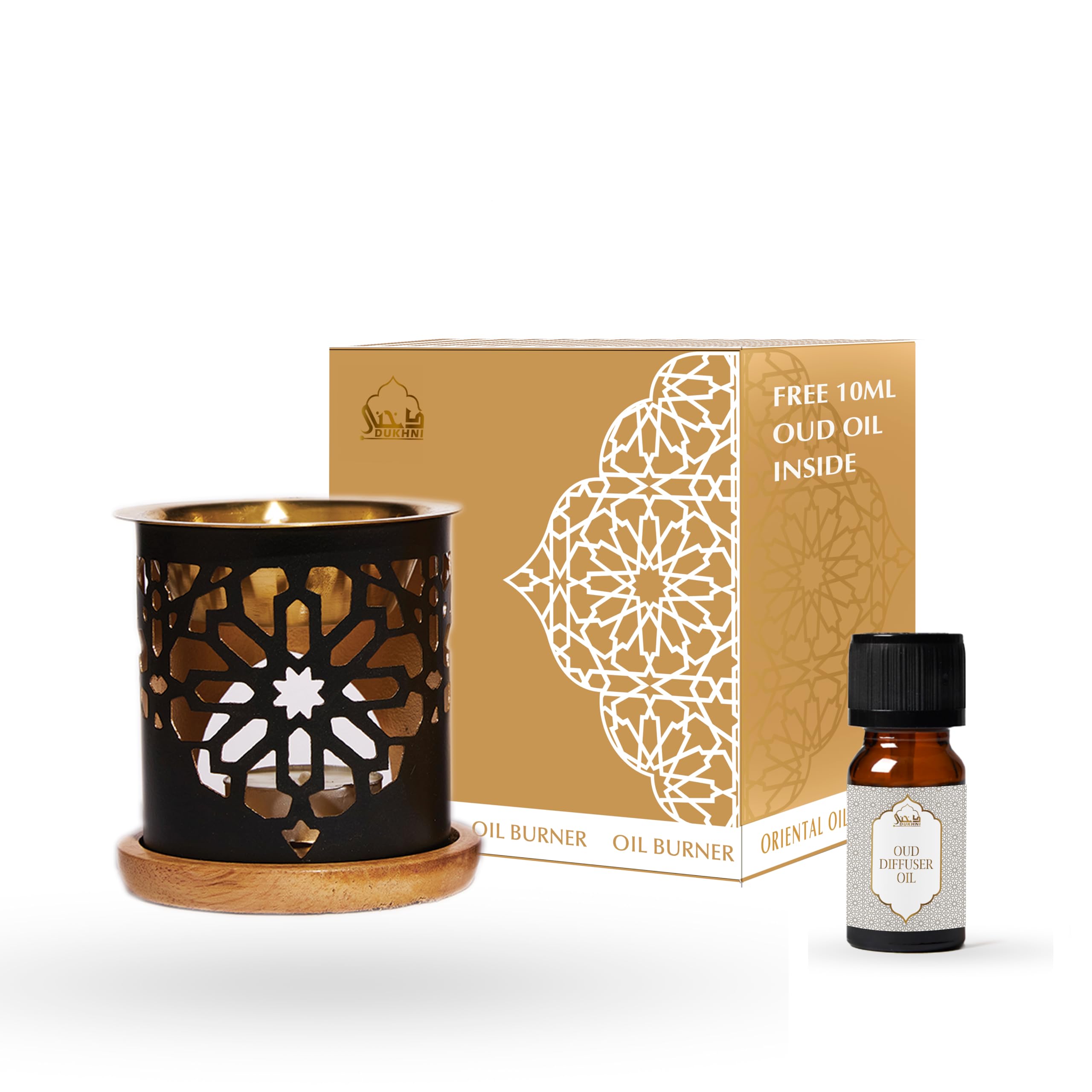 Dukhni Oil Burner | Brass Burner with Candle | Use for Essential Oil, Aroma Oil, Diffuser Oils | Relax with Home Aromatherapy, for Stress Relief, Meditation, Massage and Home Fragrance, Islamic Gift