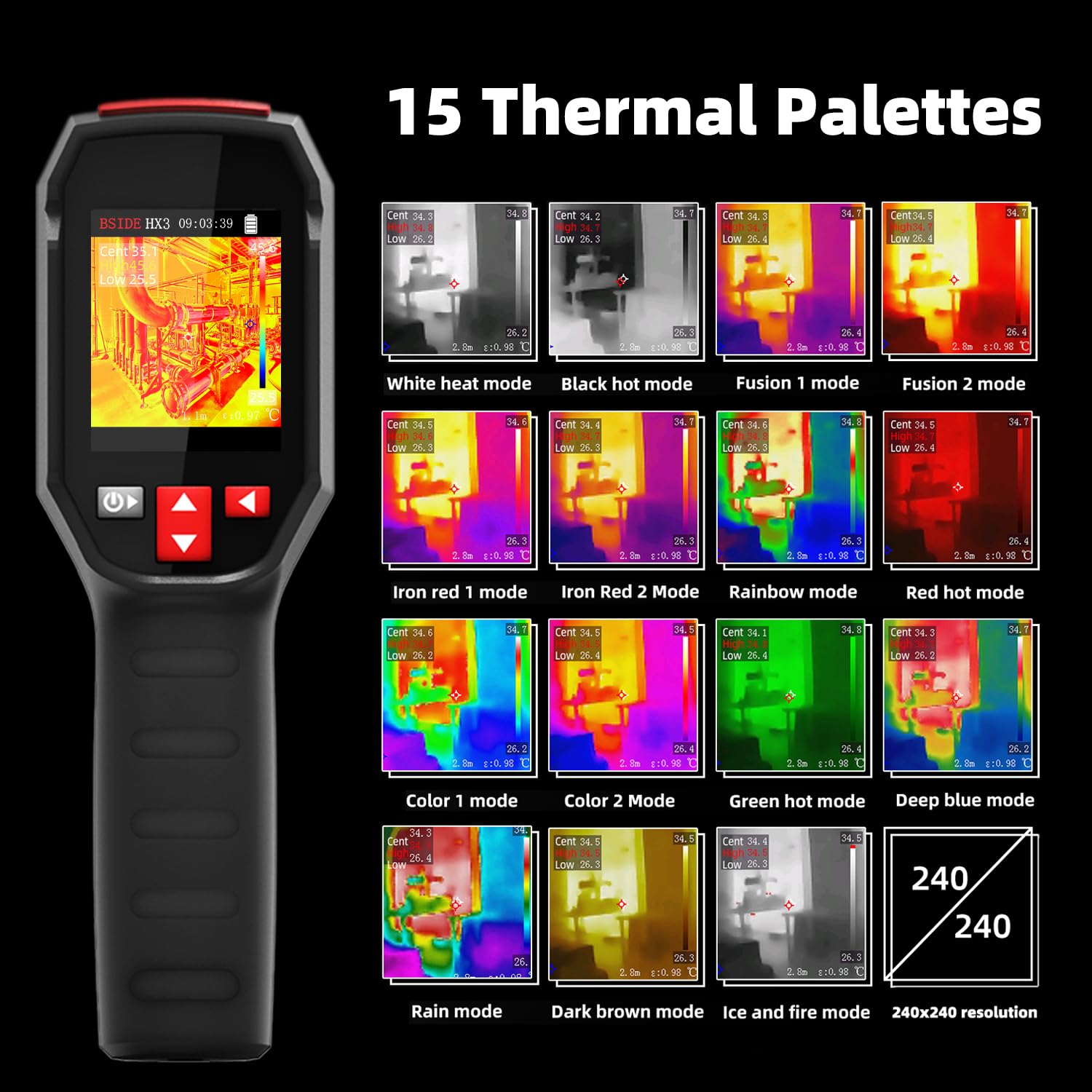 BSIDE Termocamera 240×240 Risoluzione 15 tavolozze di colori Termocamera a infrarossi -4°F a 1022°F 25Hz Imager termico portatile ricaricabile con puntatore laser 50°FOV per ispezione domestica HVAC