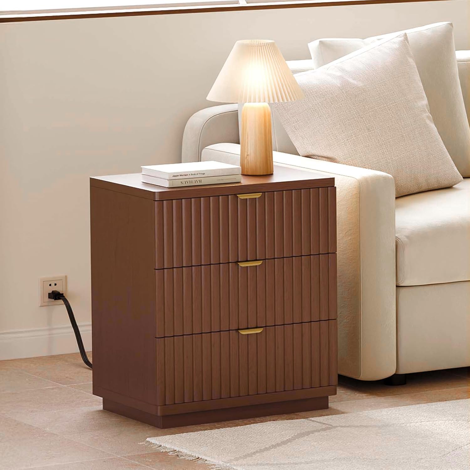 Nightstands Set of 2, Nightstand with Charging Station & 3 Drawers Storage Bedside Table Large Fluted Bed Side End Table, Modern Nightstand for Bedroom Living Room (Walmut)