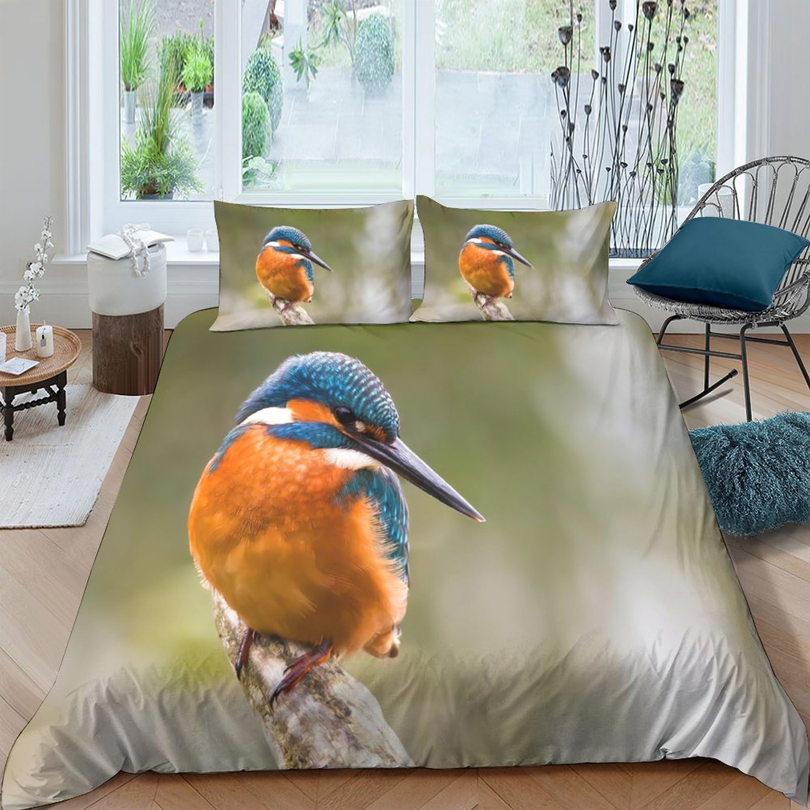 Ctjqhvkz Style-4 3D Printed Kingfisher Bird Fitted Sheet Microfiber Soft Orange Blue Forest Mattress Cover Bedroom Decor Single（135X200cm）