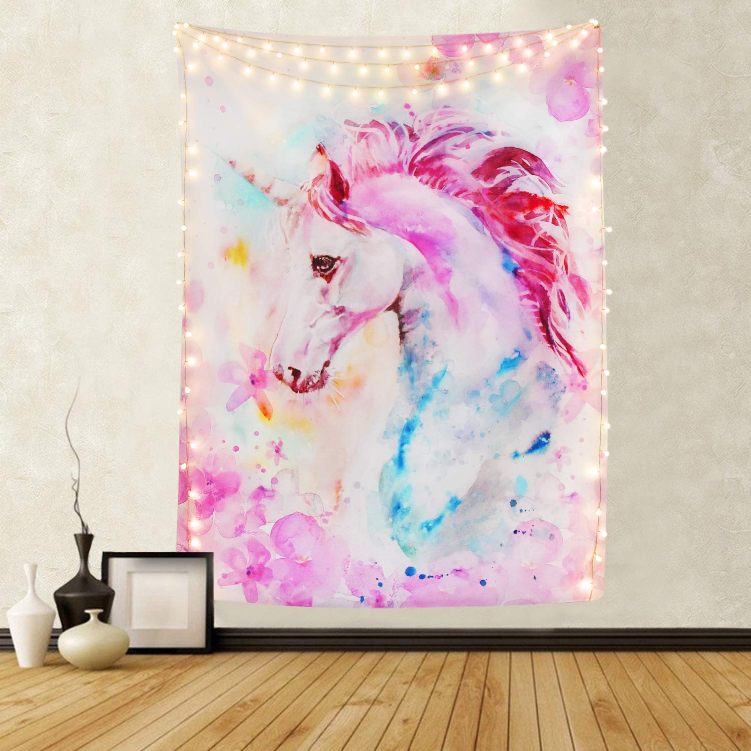 Yisumei Pink Unicorn Tapestry Hippie Art Tapestry For Bedroom Aesthetic Watercolor Print Tapestries Wall Hanging For Room Decor(M/130X150cm/51X60inch)