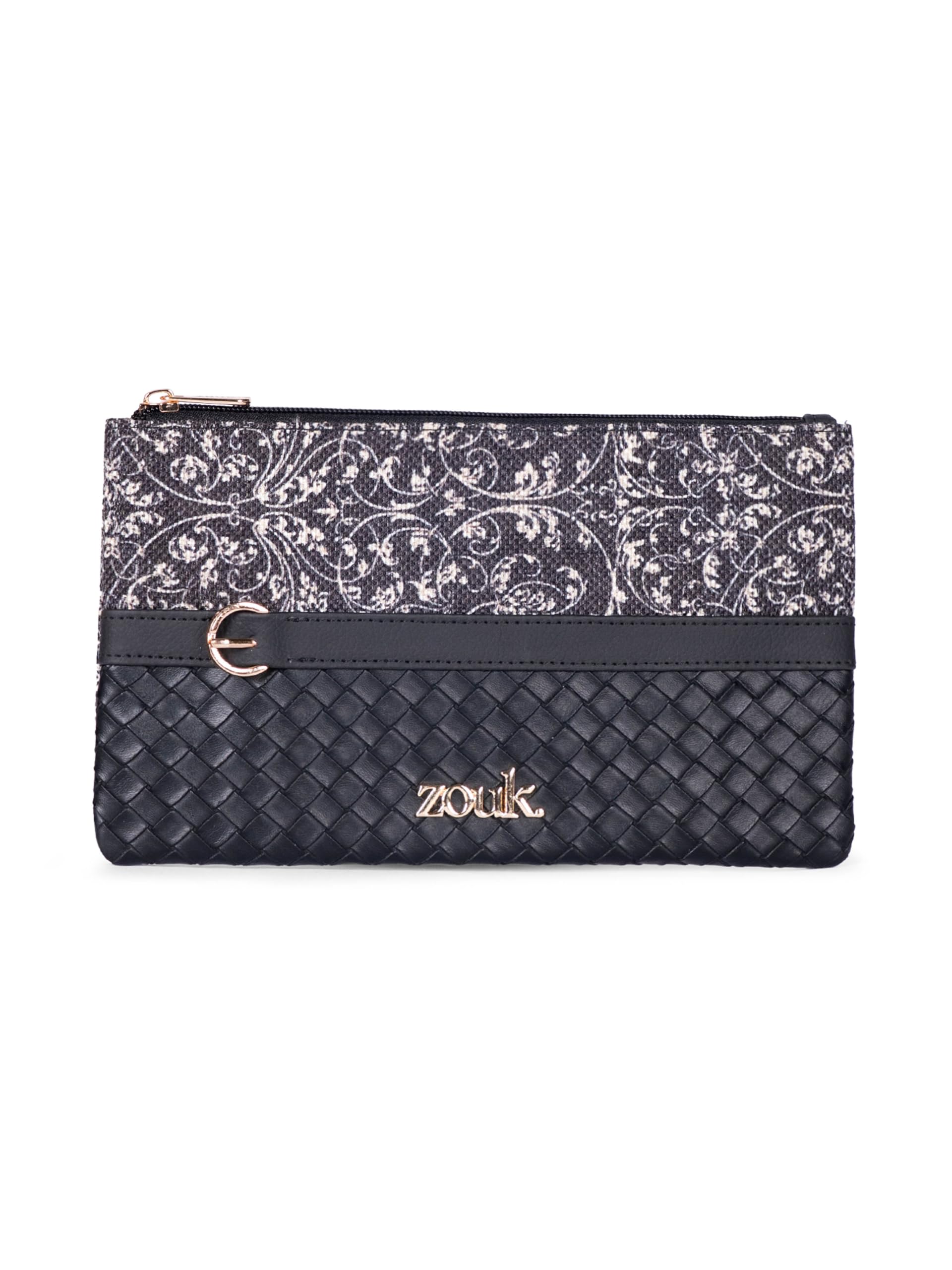 ZOUK Clara Compact Cosmetic Pouch for Women | Vegan Leather & Fabric Makeup Organizer | Water-Resistant Lining | Lightweight Travel & Handbag Pouch | Lattice Lace-image-23