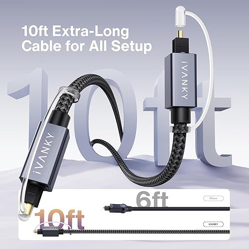 Vista 2 de Cable de audio óptico IVANKY, cable de fibra óptica Toslink de 10 pies, cable de audio óptico digital S/PDIF para barra de sonido, sistemas estéreo