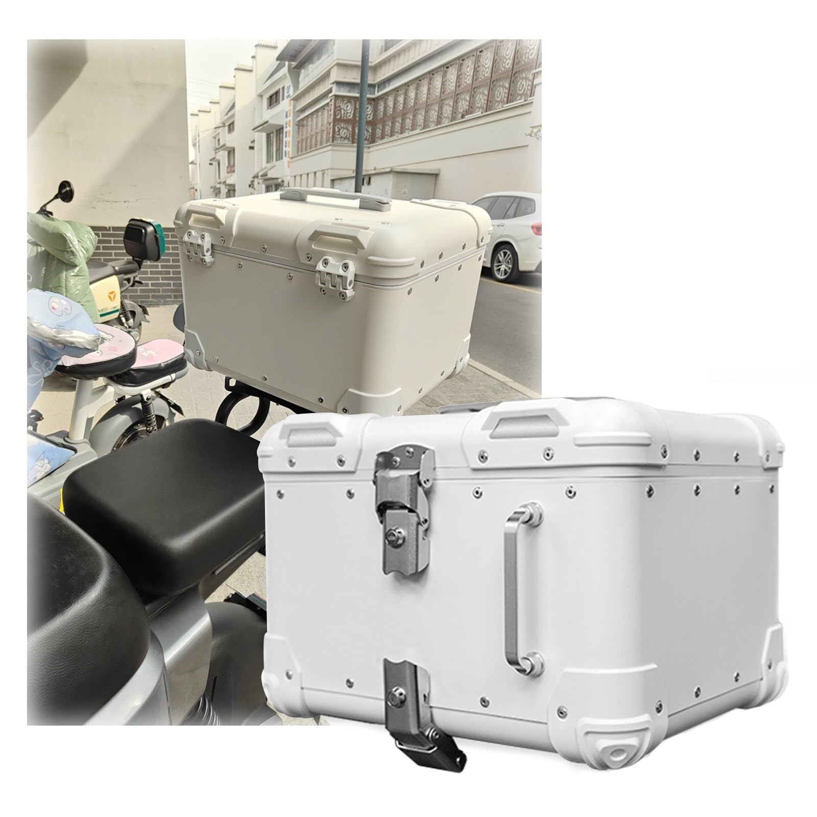 Aluminum Motorcycle Top Case 40l 45l Motorcycle Trunk Box Heavy Duty Motorcycle Tail Bag With Lock Waterproof Motorcycle Backpack With Backrest Motorcycle Helmet Bag Easy Installation(White,40l)