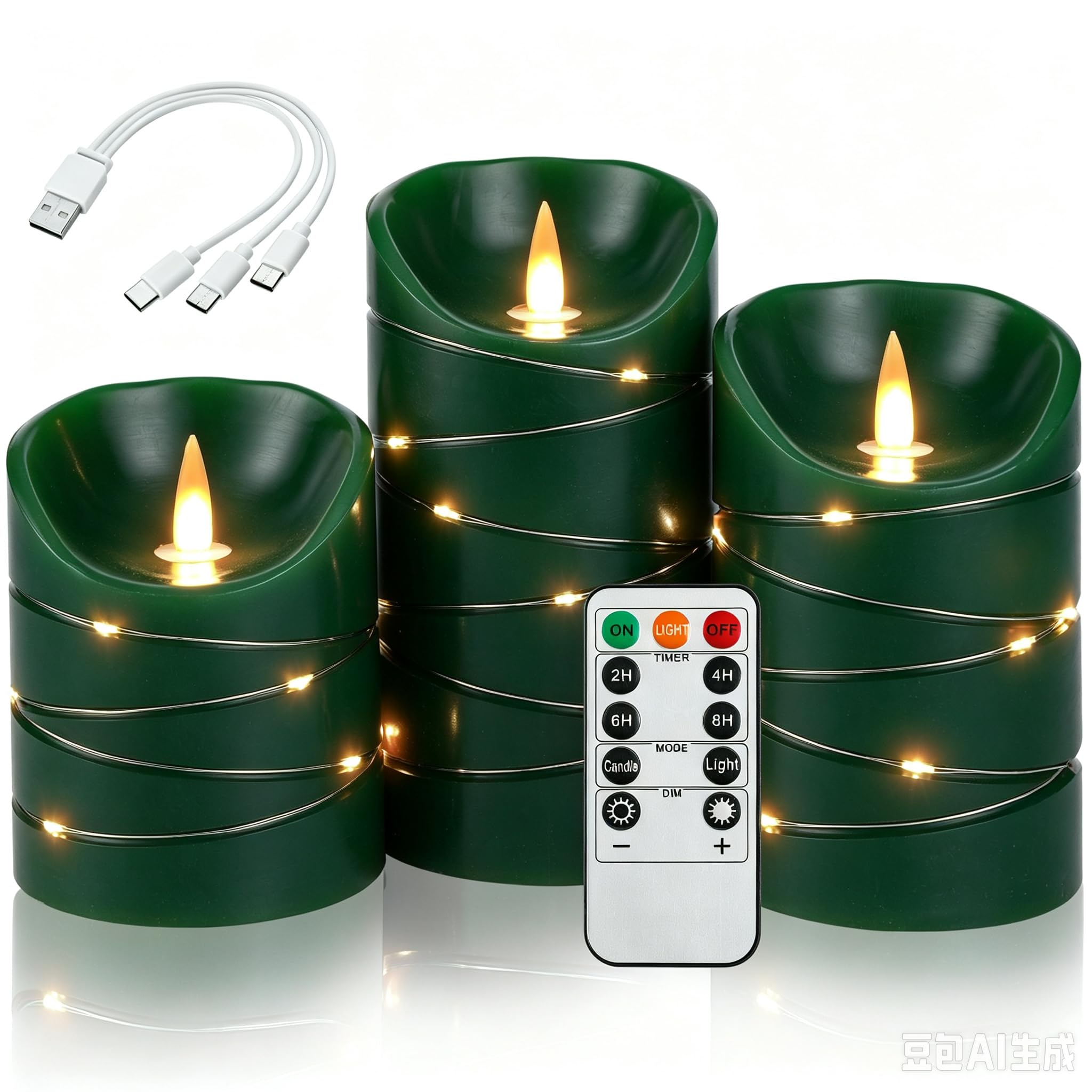 Flameless Candles Light, Set of 3 Flickering LED Candle with Remote & Timer, Rechargeable Dimmable Real Wax Electric Pillar Candles, Ivory Candle for Home Wedding Party Holiday Decor (Green) — image 1
